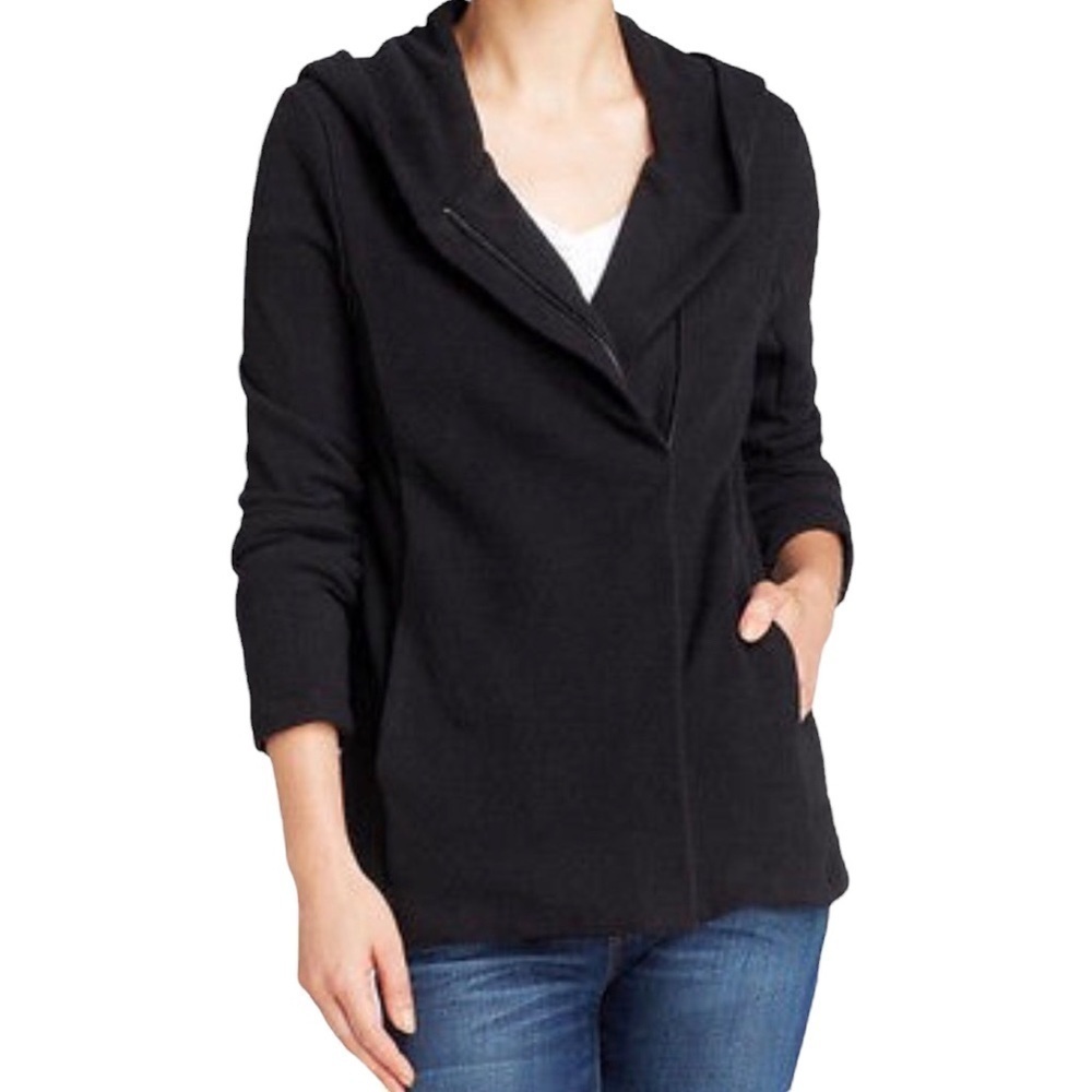James Perse Hooded Fleece Zip Up Jacket Sweatshirt Black Size 2 Asymmetrical - Picture 1 of 7
